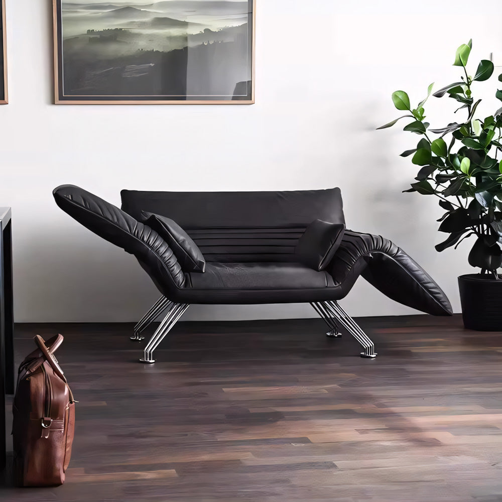 Modern Sculptural Leather Lounge Chair Adjustable Armrest Accent Chair with Metal Legs Contemporary Artistic Seating