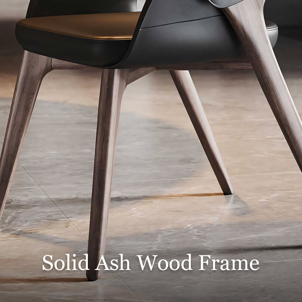Modern Upholstered Dining Chair Faux Leather Seat Curved Armrest Accent Chair with Solid Wood Legs 1 Piece