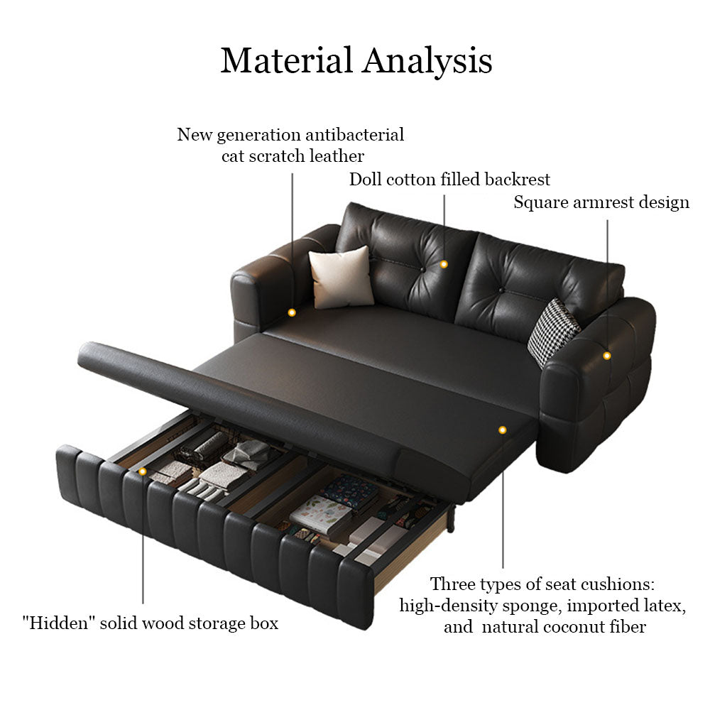 Modern Black Leather Sofa Bed with Pull-Out Sleeper Convertible 2-in-1 Couch