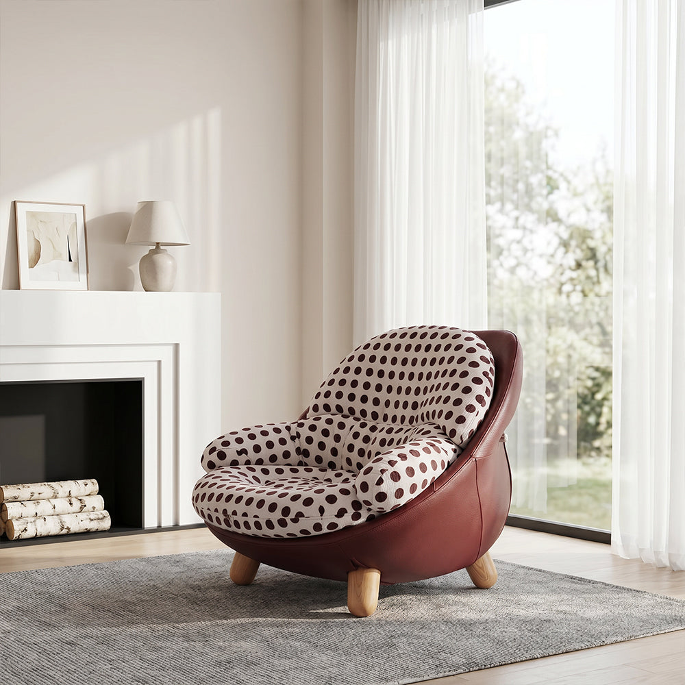 Modern Polka Dot Lounge Chair with Rounded Cushion & Wood Legs