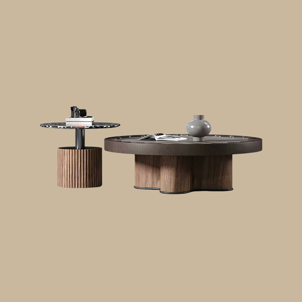 Modern Round Coffee Table Set with Sculptural Base & Glass Accent Side Table Luxury Contemporary Living Room Furniture
