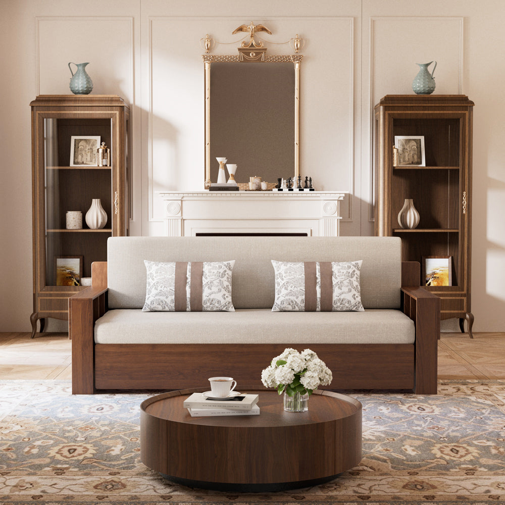 Detailed view of fabric weave and stitching on the storage sofa bed