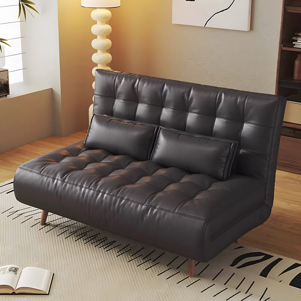 Modern Faux Leather Sofa Bed Convertible Sleeper Couch with Wood Armrests Tufted Design