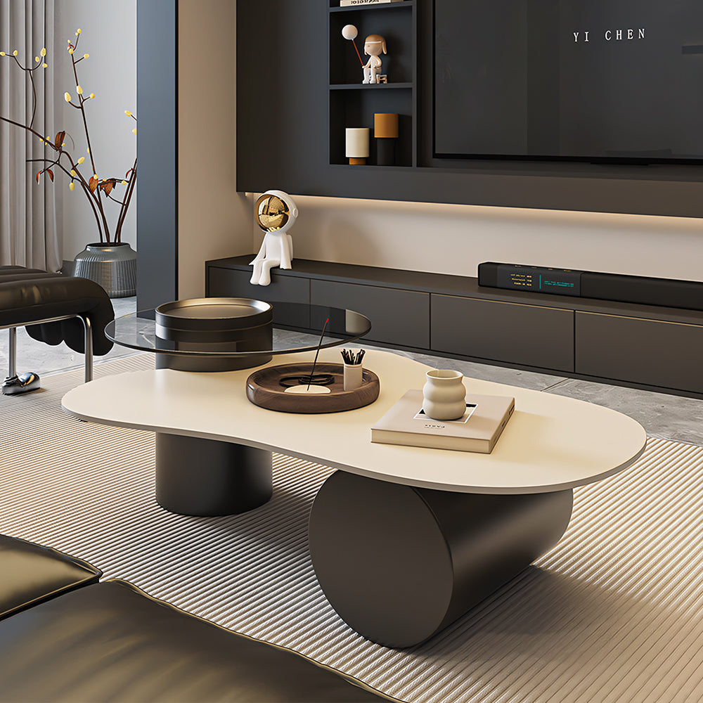Modern Irregular Coffee Table Set Cloud-Shaped with Glass Accent Top Sculptural Base for Contemporary Living Rooms