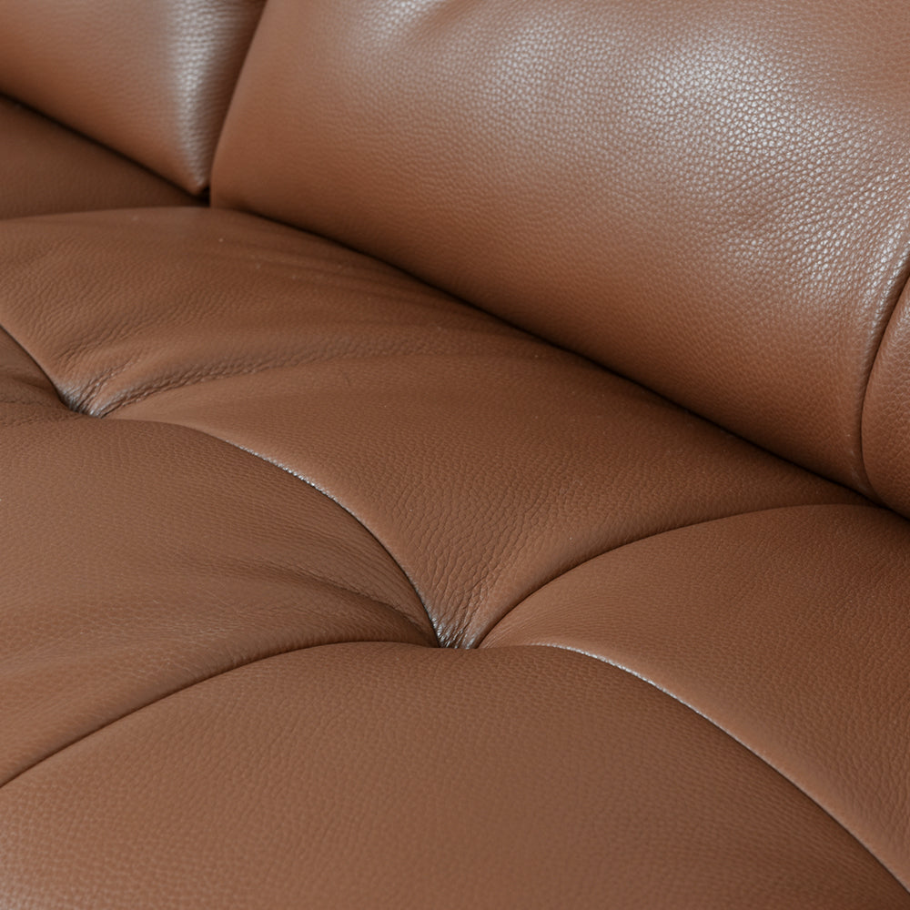 Modern Genuine Leather Sofa Warm Brown Upholstered Couch Three Seater Living Room Sofa with Wide Seat and Clean Lines