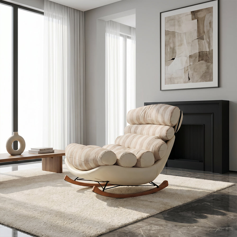 Modern Striped Rocking Lounge Chair with Plush Cushion and Solid Wood Rockers