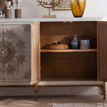 Load image into Gallery viewer, 61'' Boho Mandala Carved Sideboard Cabinet White Washed Wooden Buffet Storage with Metal Base Decorative Accent Console
