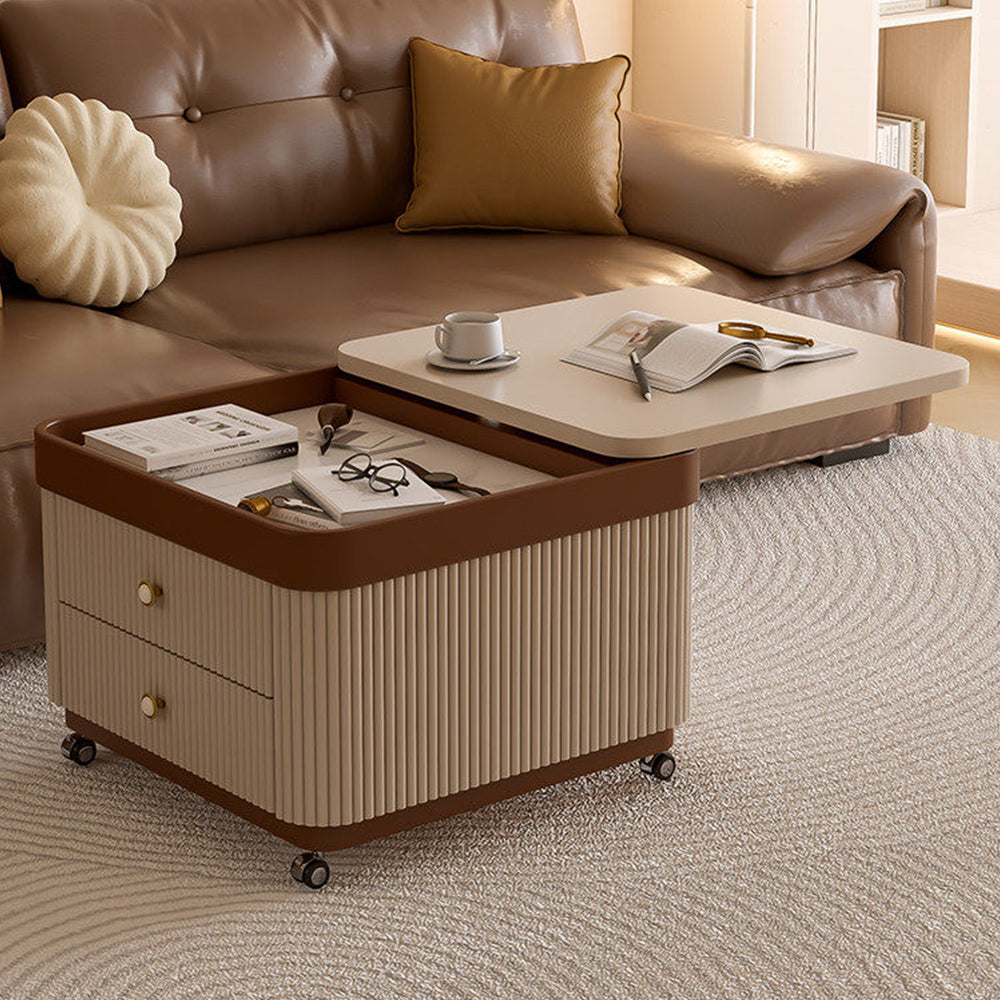 Modern Rolling Side Table with Hidden Storage Drawers and Sliding Top Design