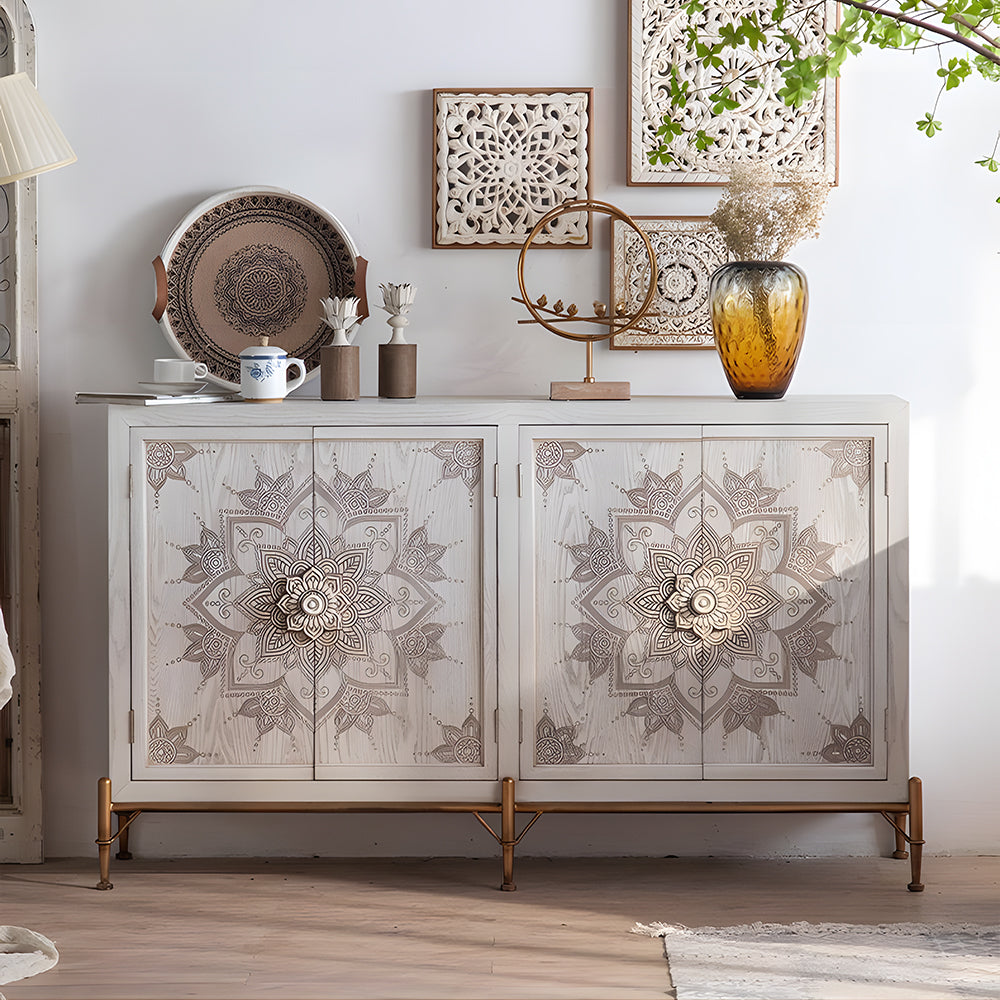 61'' Boho Mandala Carved Sideboard Cabinet White Washed Wooden Buffet Storage with Metal Base Decorative Accent Console