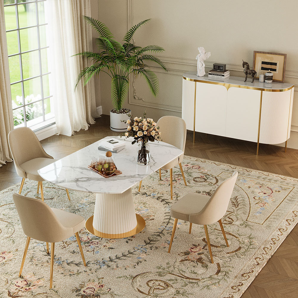 Luxury White & Gold Dining Suite Convertible Expandable Dining Table Contemporary Sideboard