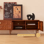 Load image into Gallery viewer, 78" Retro TV Stand Carved Geometric Pattern Solid Wood Cabinet Brass-Tipped Legs
