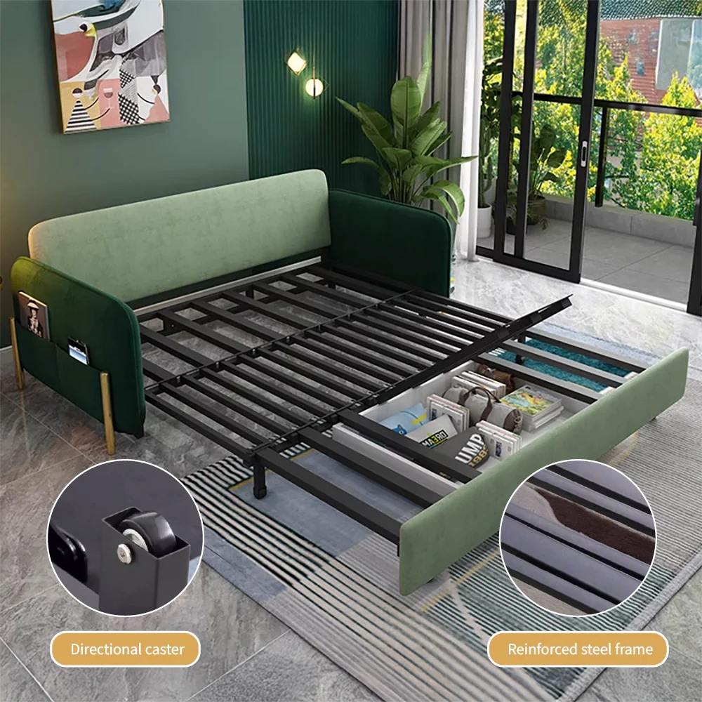 Side view of velvet sofa bed with metal frame and wooden legs