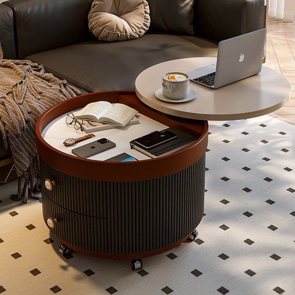 Modern Round Side Table with Hidden Storage and Drawers on Wheels