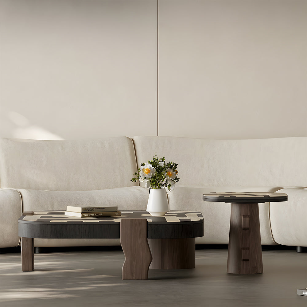 Modern Artistic Coffee Table Abstract Pattern Wood Center Table Irregular Shape Living Room Accent Table