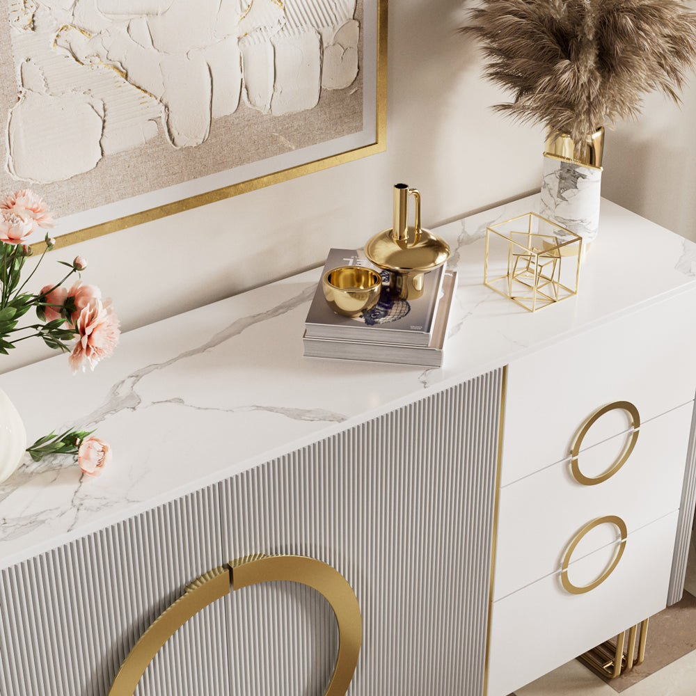 62.4" Sleek Modern White and Gold Buffet Cabinet with Circular Accents