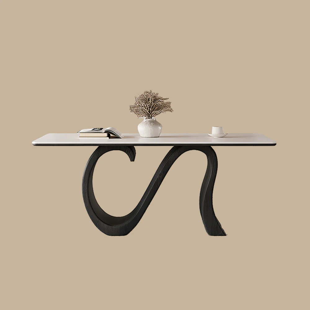 Modern Luxury Dining Set S-Shaped Walnut Base Marble-Effect Table × Gray & Gold Sideboard