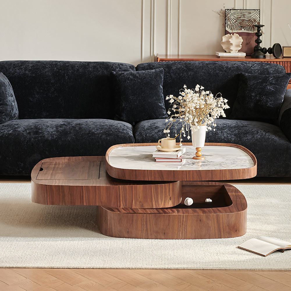 34.7'' Modern Solid Wood Coffee Table with Marble Top Hidden Storage Rounded Minimalist Design