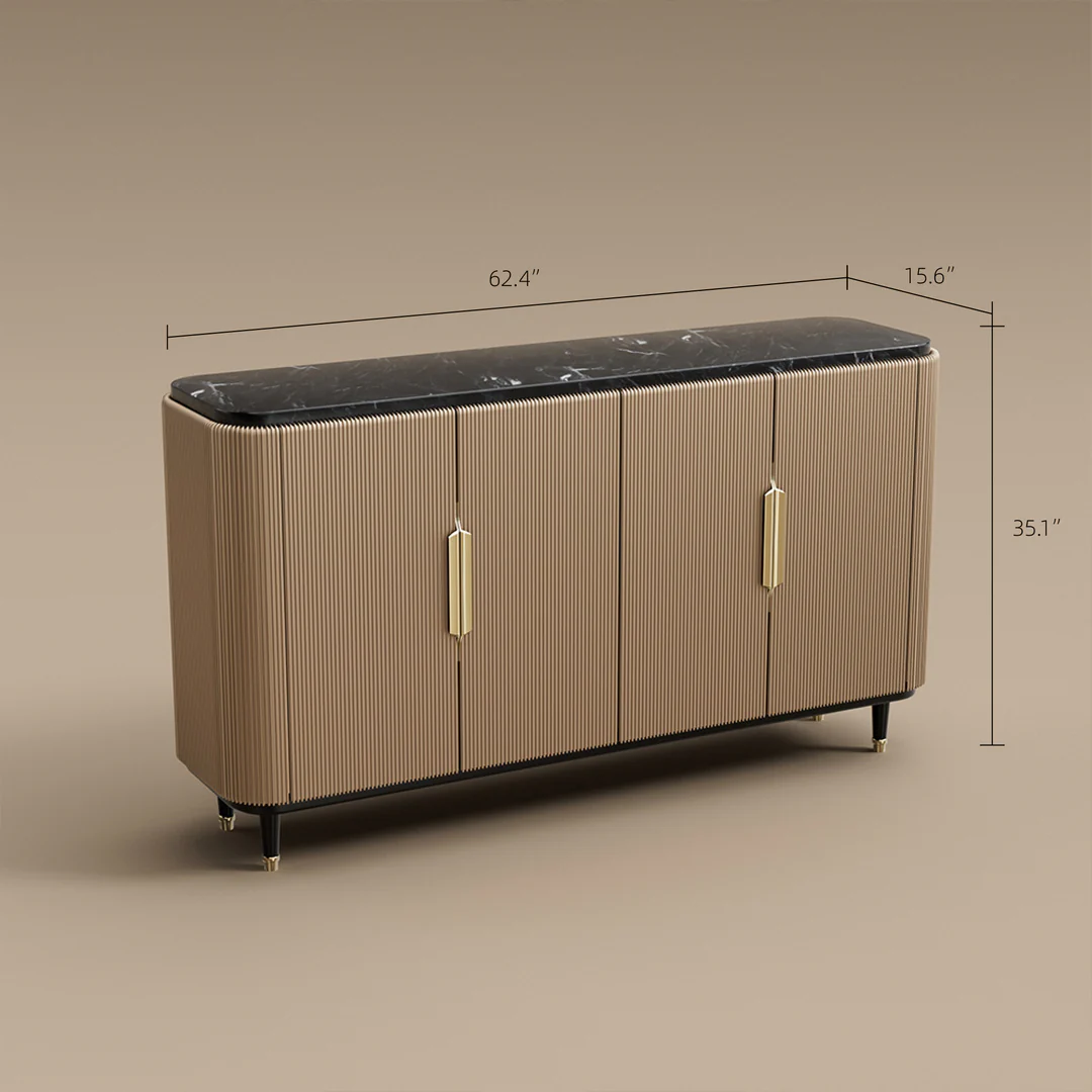Modern Luxury Dining Set S-Shaped Walnut Base Marble-Effect Table × Gray & Gold Sideboard