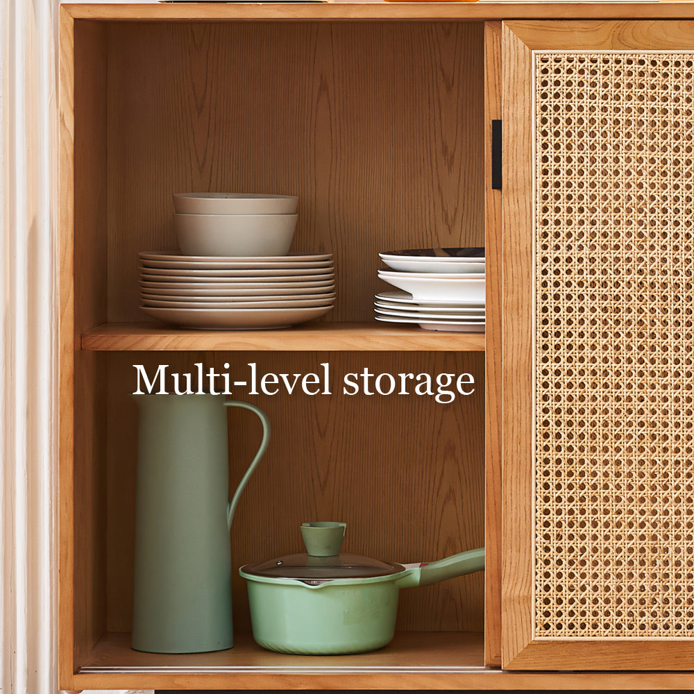 39" Modern Rattan Sideboard 2-Door Natural Wood Buffet Cabinet with Metal Legs