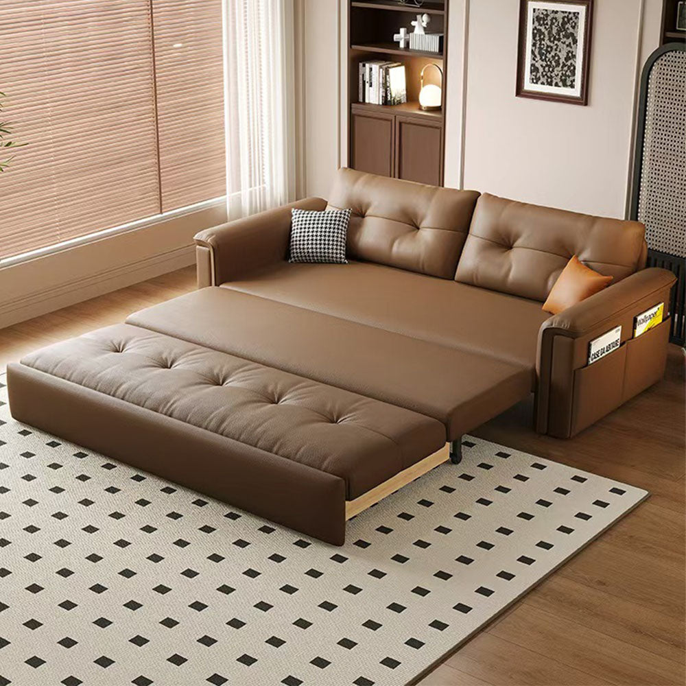 Modern Brown Faux Leather Sofa Bed with Storage Convertible Sleeper Couch