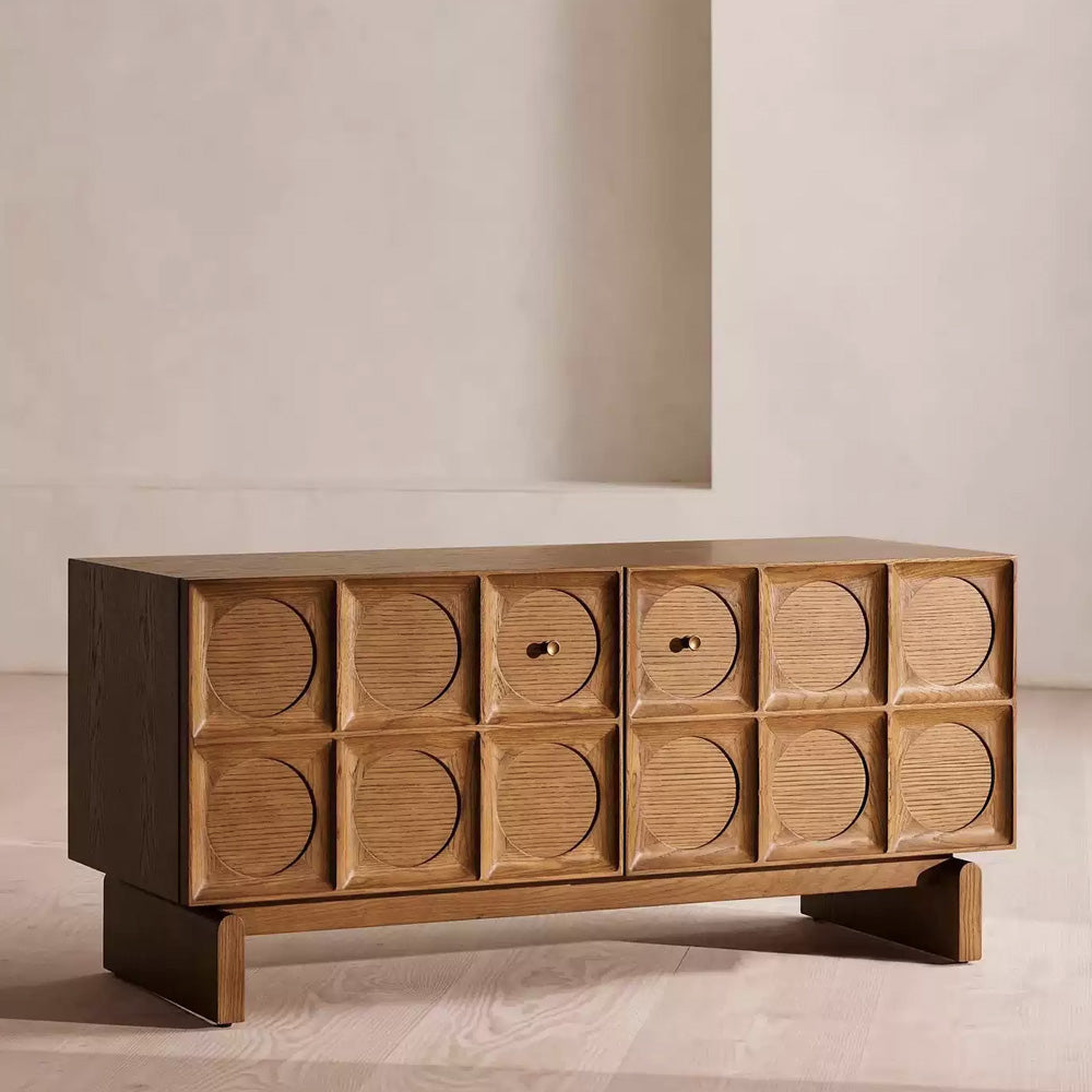 62.99" Rustic Media Console with Circular Textured Doors and Concealed Storage and Cable Cutouts