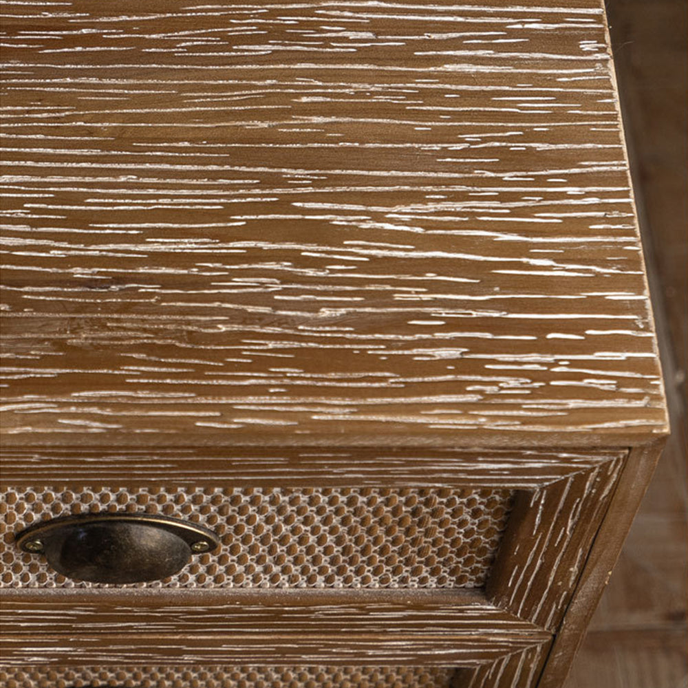 Vintage Distressed Wood Nightstand with Rattan Drawer Front Mid Century Bedside Table with Tapered Legs