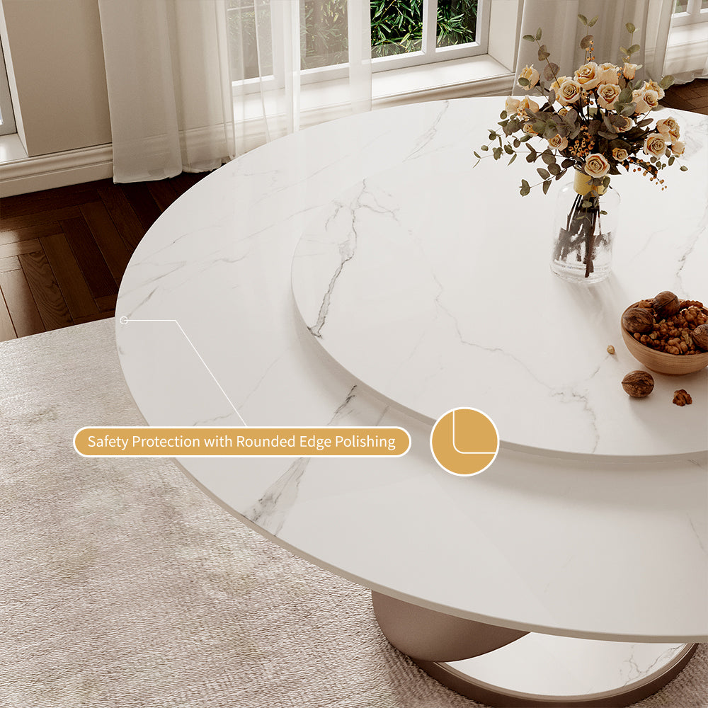 Round Dining Table Lazy Susan Marble Effect X Metal Base Perfect for 4-6 People