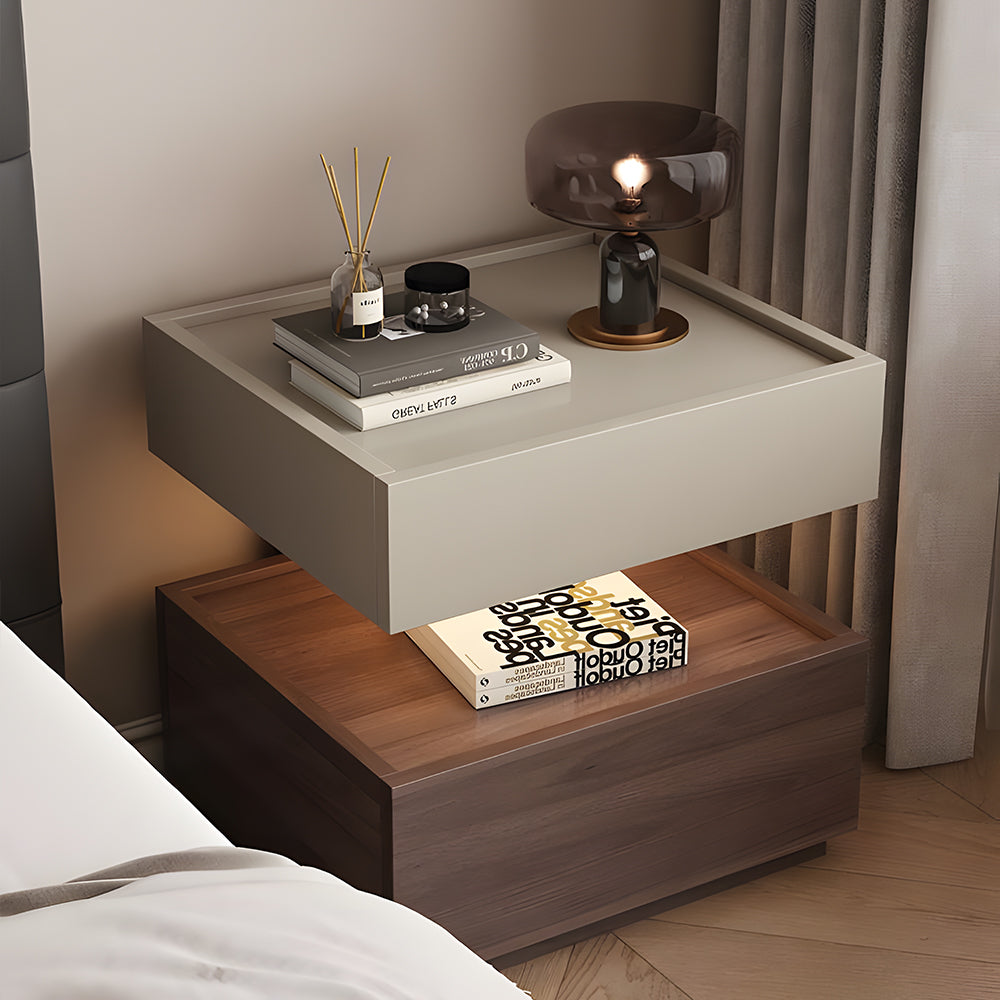 Modern Two Tier Bedside Table with Drawer Tray Top Nightstand Wood Storage Bedside Cabinet