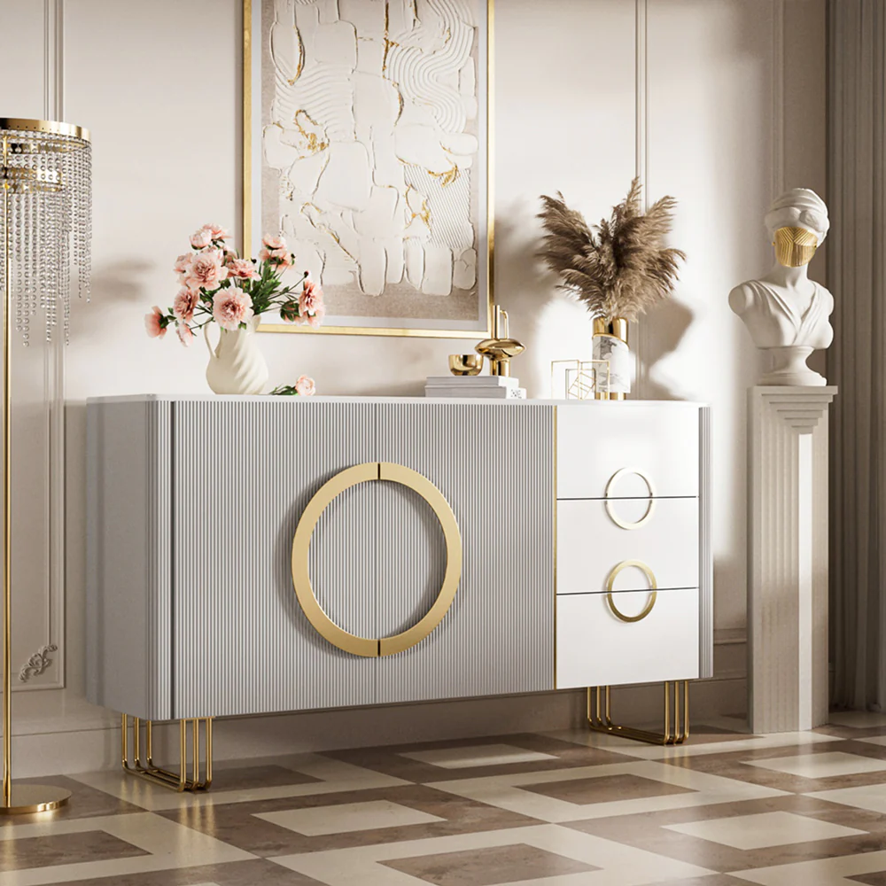 Walnut S-Base Marble-Effect Round Dining Table + White & Gold Circular-Accent Buffet Cabinet Set