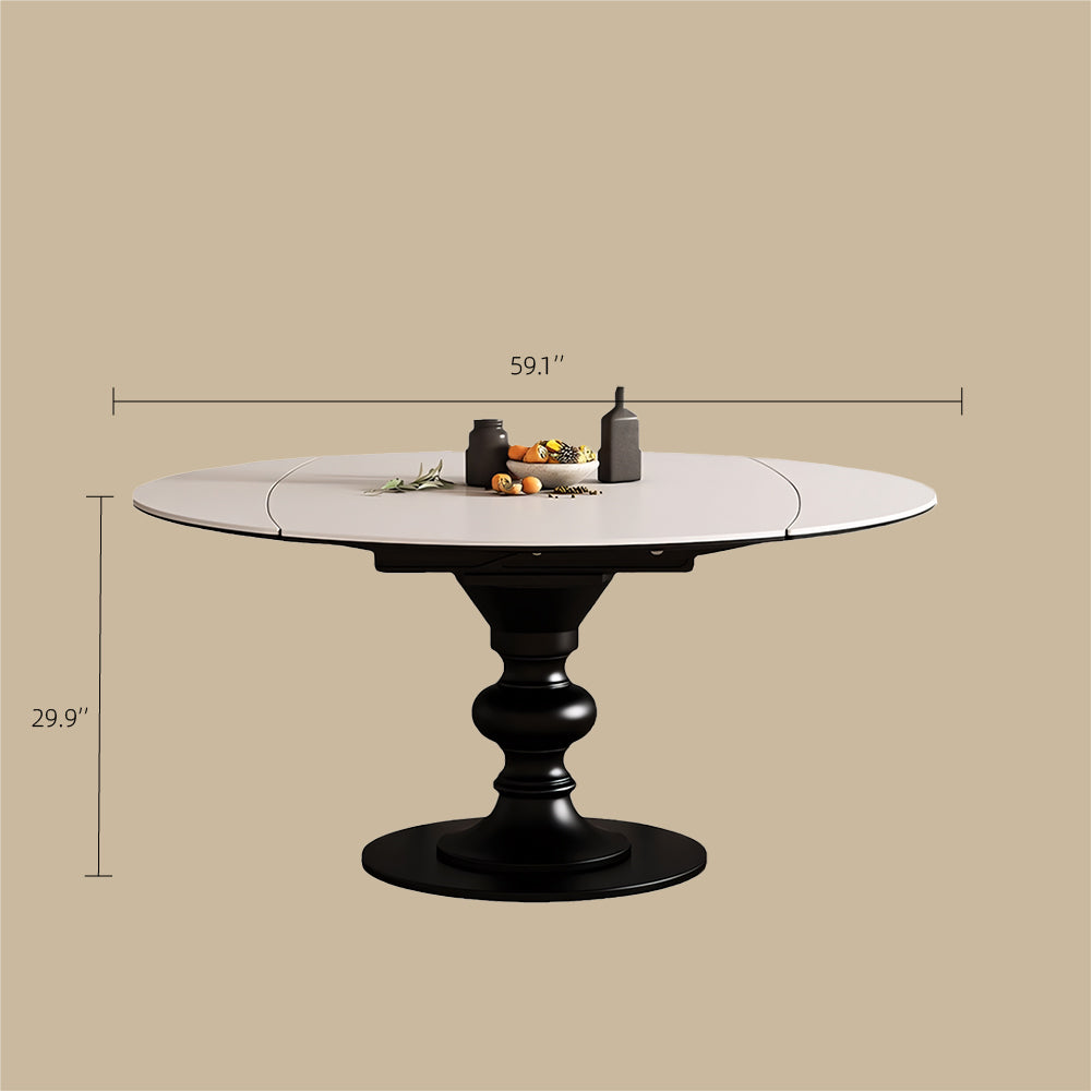 Extendable Round Dining Table Solid Wood Base Sintered Stone Top Convertible Oval Table Space Saving Expandable Dining Table
