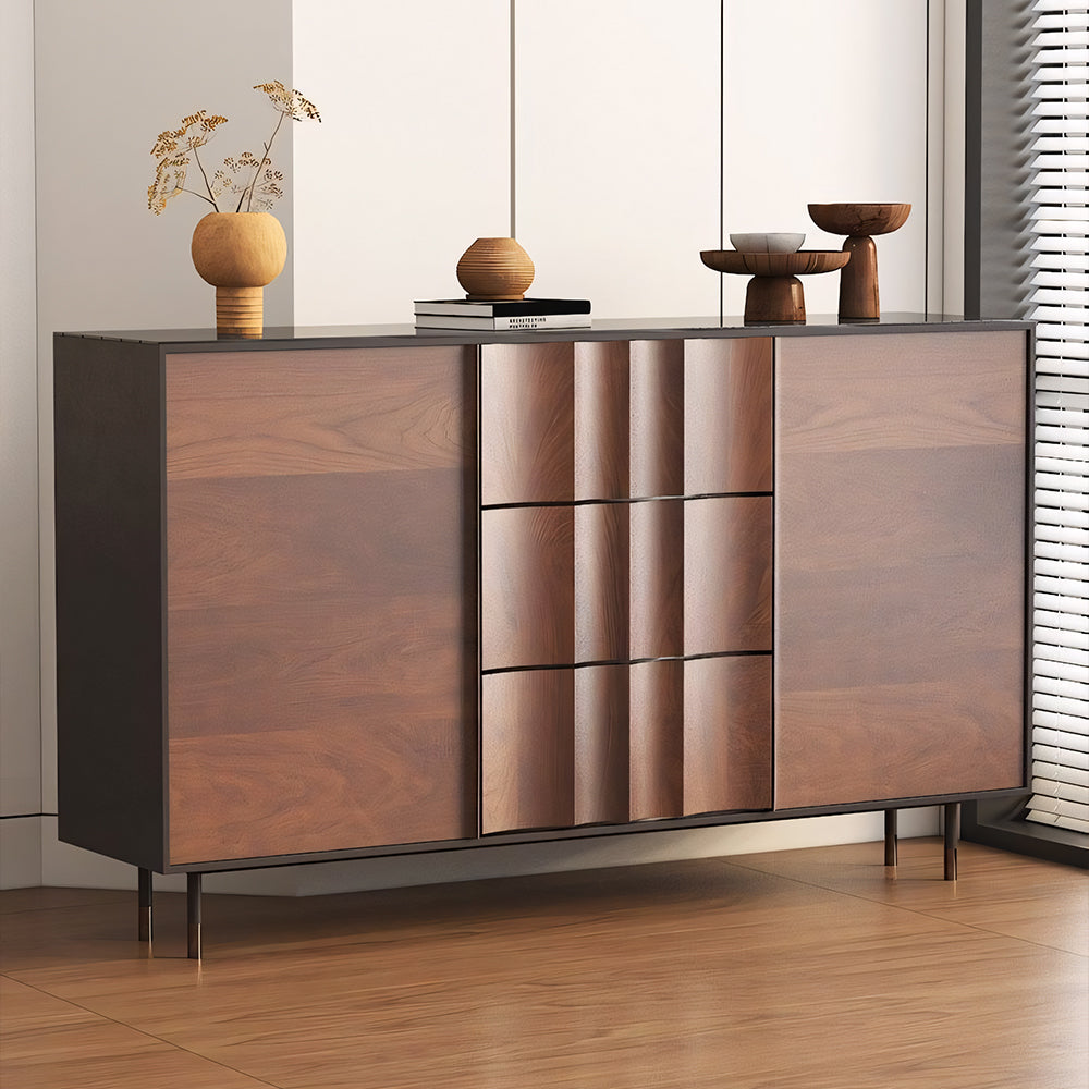 62.9'' Modern Walnut Sideboard Fluted Wood Storage Cabinet with Metal Frame and Doors
