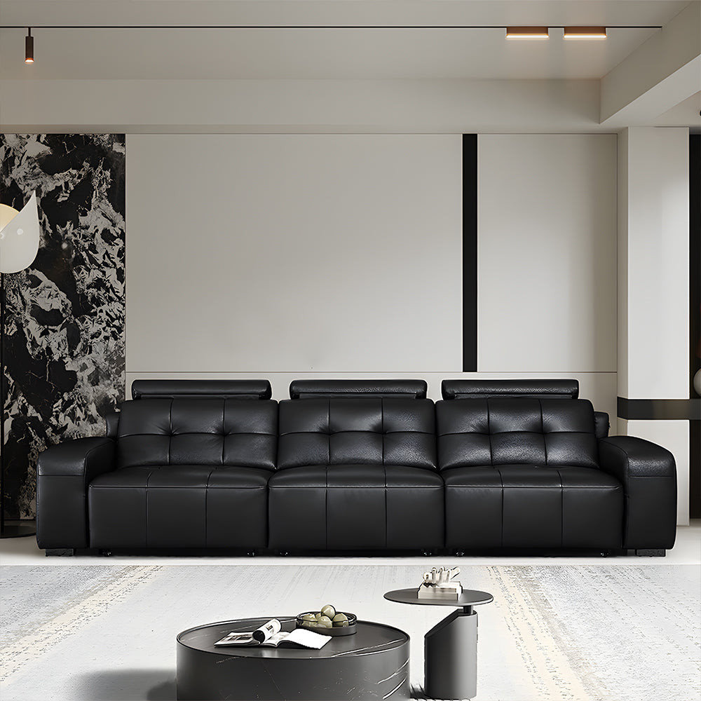 130.7'' Modern Power Reclining Sectional Sofa Black Genuine Leather Deep Seat Electric Lounge Sofa with Chaise