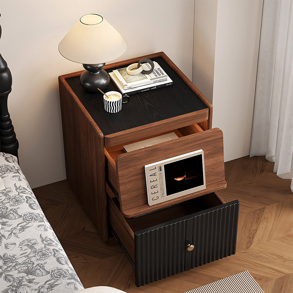 Modern Walnut Nightstand with Fluted Cabinet Door and Open Storage Shelf