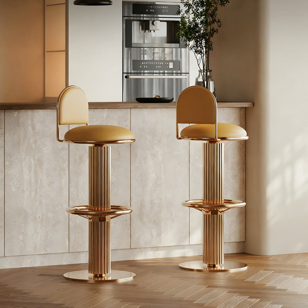 Modern Luxury Gold Swivel Bar Stool with Upholstered Seat and Fluted Pedestal Base 1 Piece