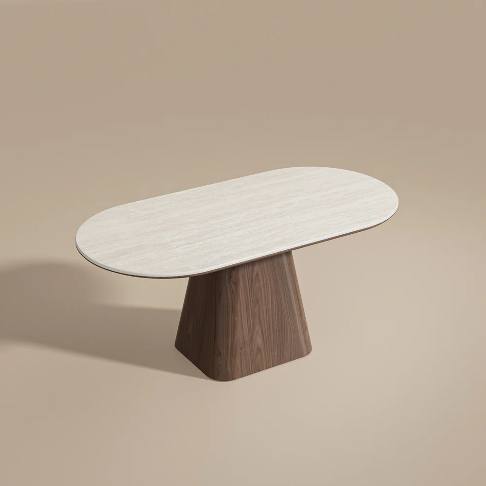 Oval Dining Table Solid Wood Walnut Veneer Base Scratch Resistant Sintered Stone Top Modern Stylish Design