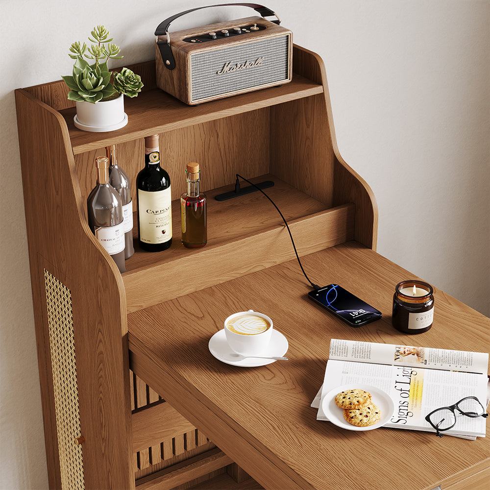 69" Rattan Cabinet Murphy Dining Table Set with USB Charging