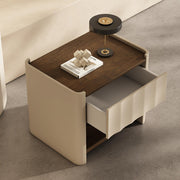 Modern Minimalist Nightstand with Soft Leather Finish and Walnut Top Drawer Bedside Table