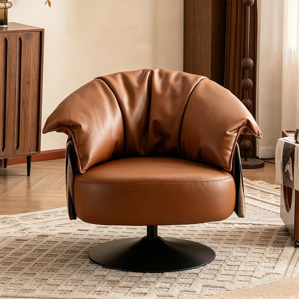 Modern Swivel Lounge Chair Faux Leather Accent Chair with Sculptural Cushion Design