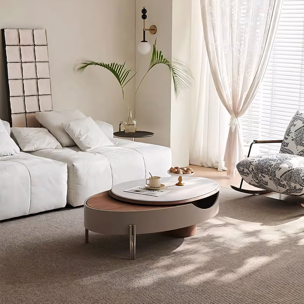 46.8'' Modern Lift-Top Coffee Table with Sintered Stone Top & Wood Base Sculptural Curved Design with Hidden Storage