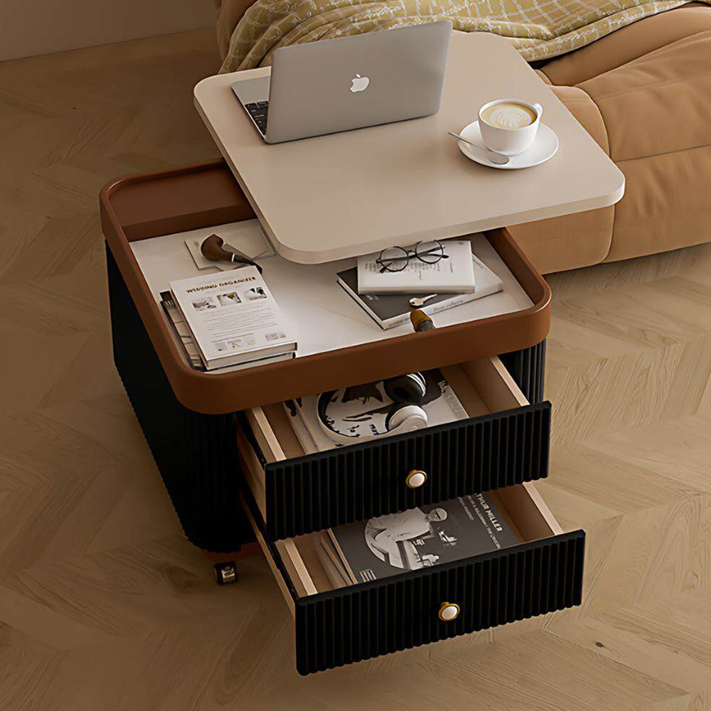 Modern Rolling Side Table with Hidden Storage Drawers and Sliding Top Design