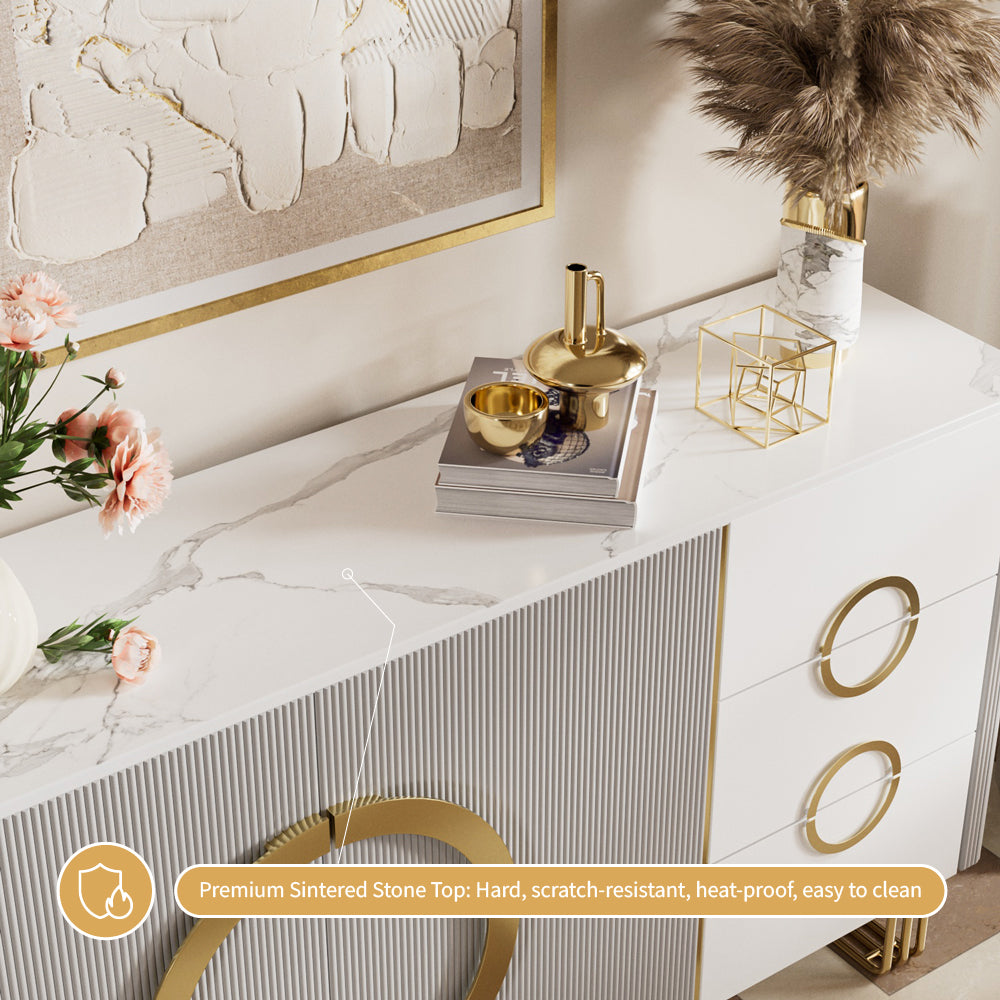 62.4" Sleek Modern White and Gold Buffet Cabinet with Circular Accents