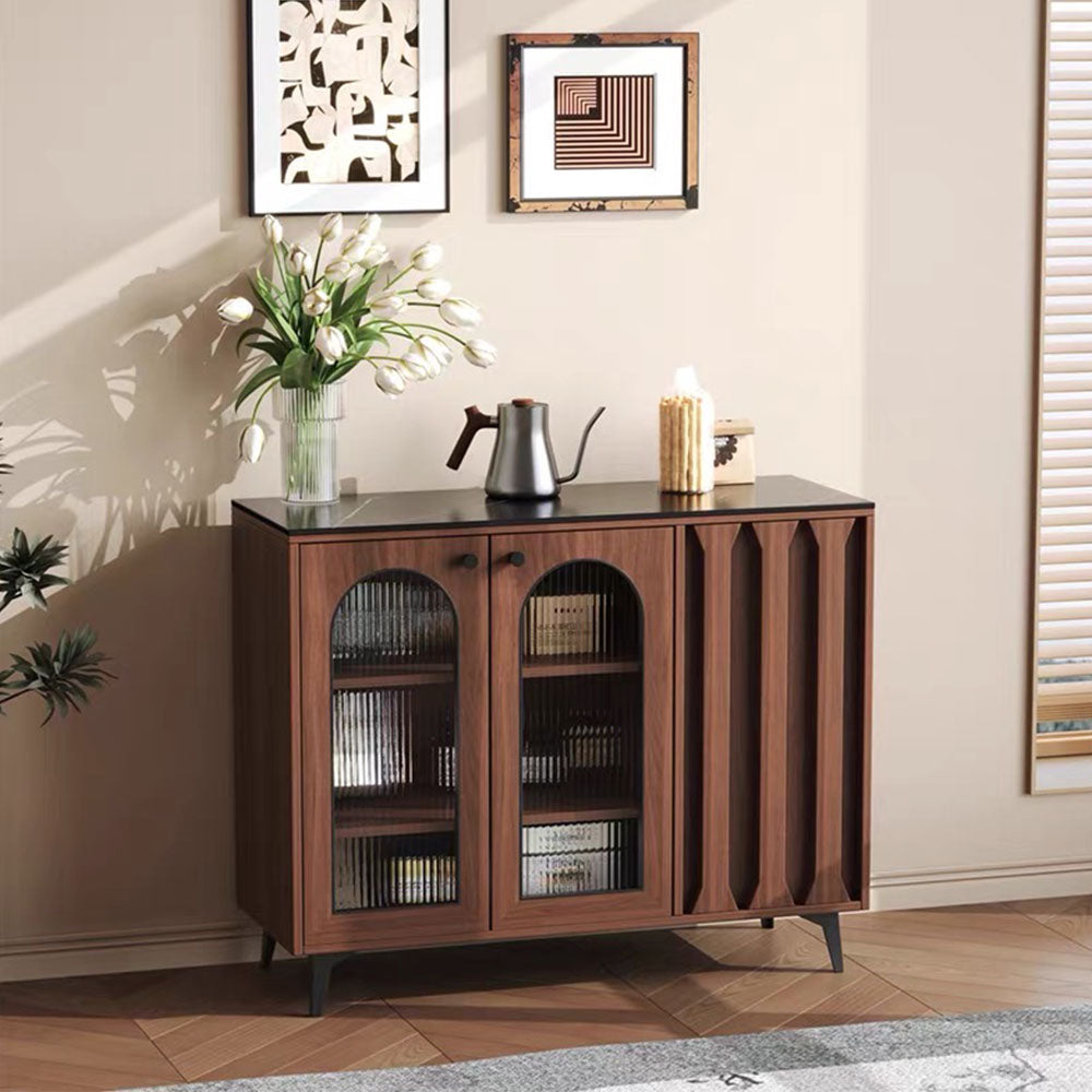 35.4'' Modern Walnut Sideboard with Arched Fluted Glass Doors Buffet Cabinet with Carved Panels & Metal Legs