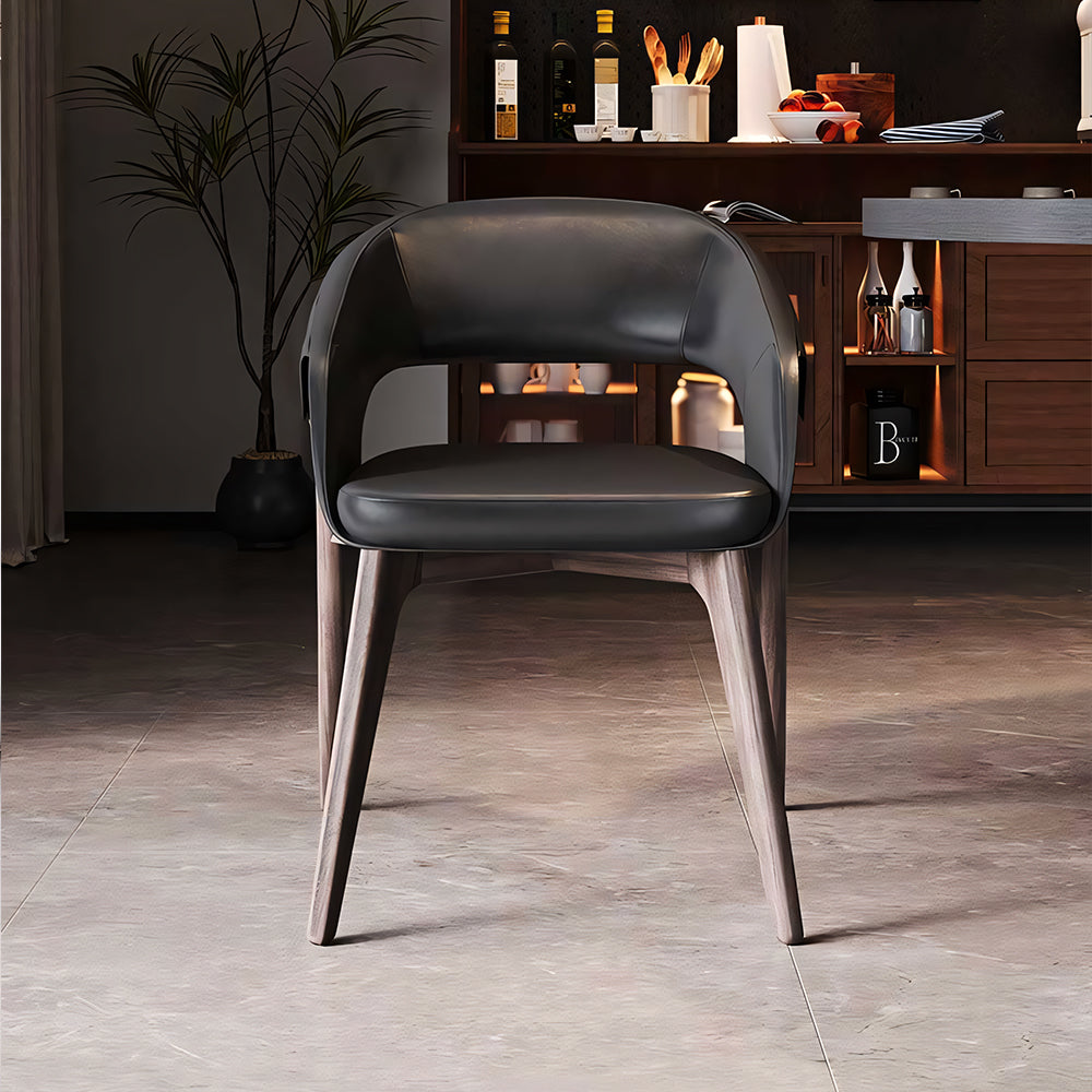 Modern Upholstered Dining Chair Faux Leather Seat Curved Armrest Accent Chair with Solid Wood Legs 1 Piece