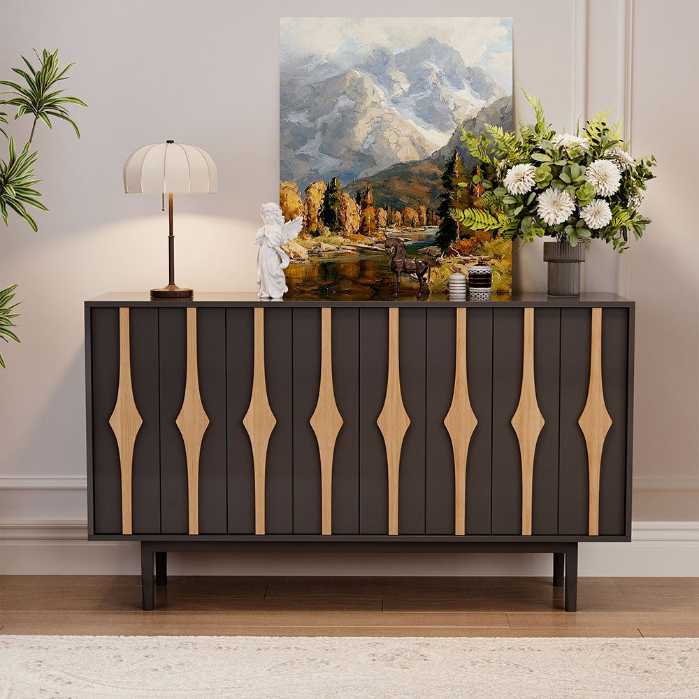 62.9'' Modern Black & Natural Wood Sideboard Cabinet with Decorative Slatted Doors