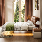 Load image into Gallery viewer, Modern Floating Bed with LED Lighting &amp; Upholstered Headboard
