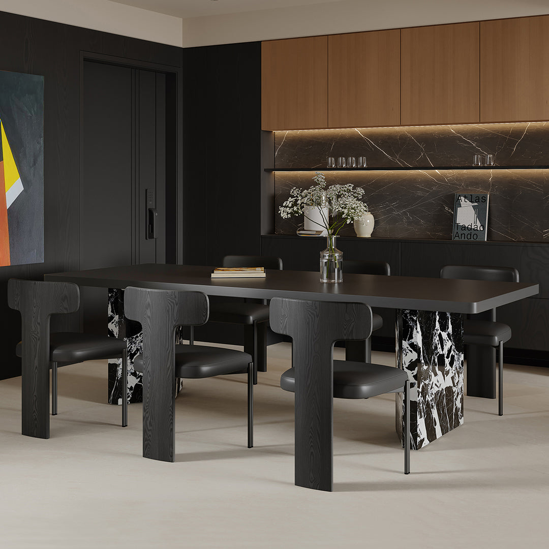 54.6"/62.4" Modern Italian Dining Table Black Marble-Look Base & Minimalist Luxury Design