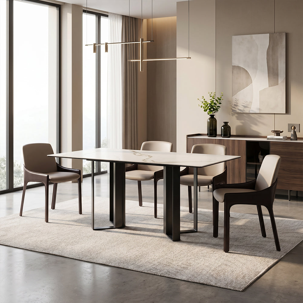 Modern White Sintered Stone Dining Table with Black Geometric Carbon Steel Base
