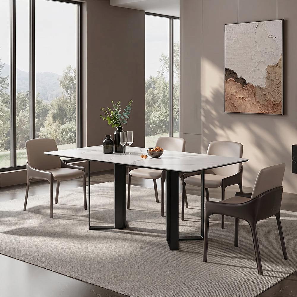 Modern White Sintered Stone Dining Table with Black Geometric Carbon Steel Base