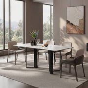 Modern White Sintered Stone Dining Table with Black Geometric Carbon Steel Base