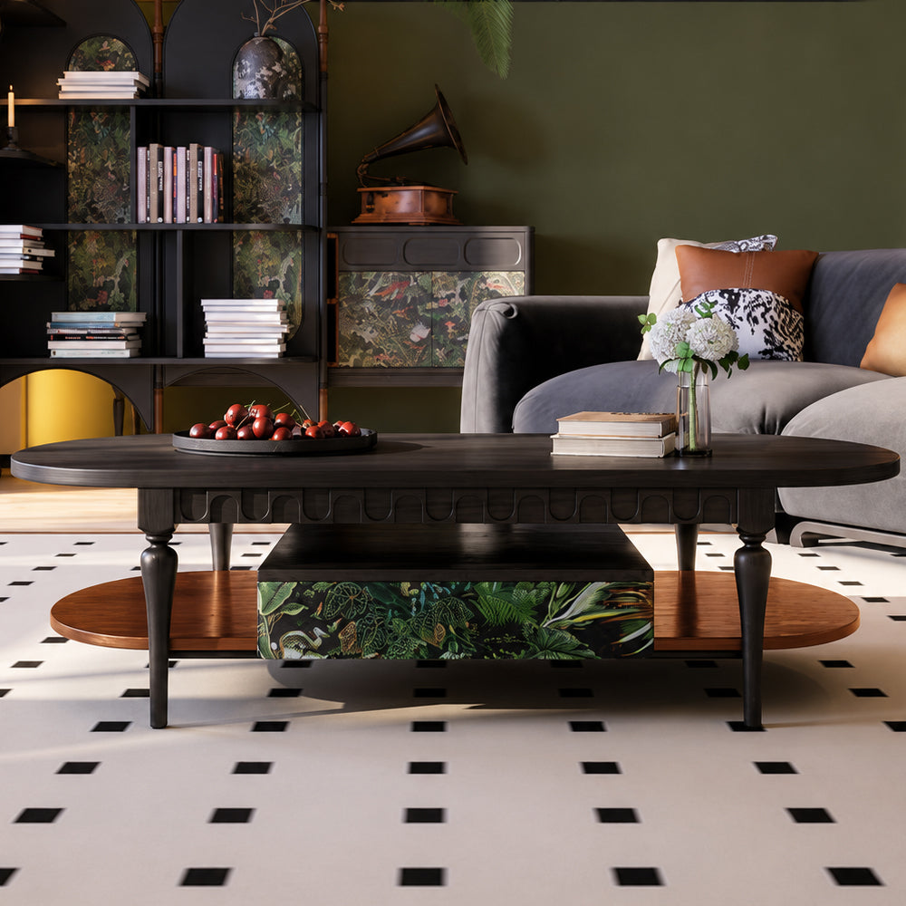 55.9" Norwegian Jungle Print Arched Carved Oval Coffee Table With Drawer